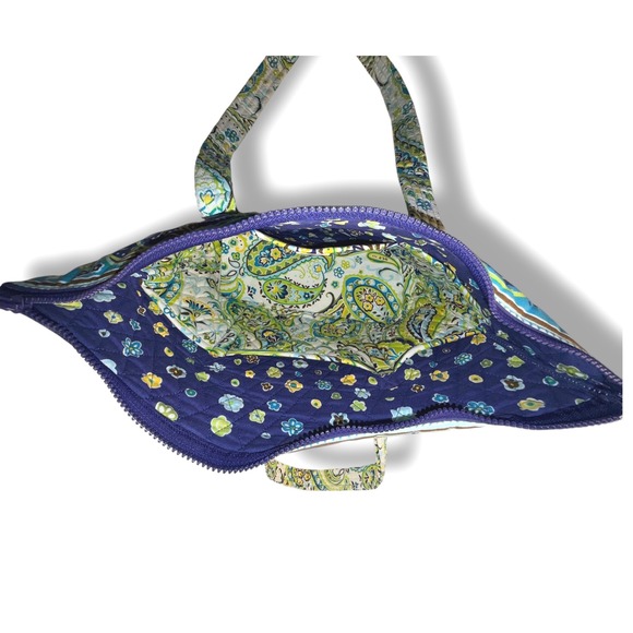 Santa Cruz Quilted Paisley Tote Bag Blue Green Yellow Floral Accent New - Picture 7 of 10